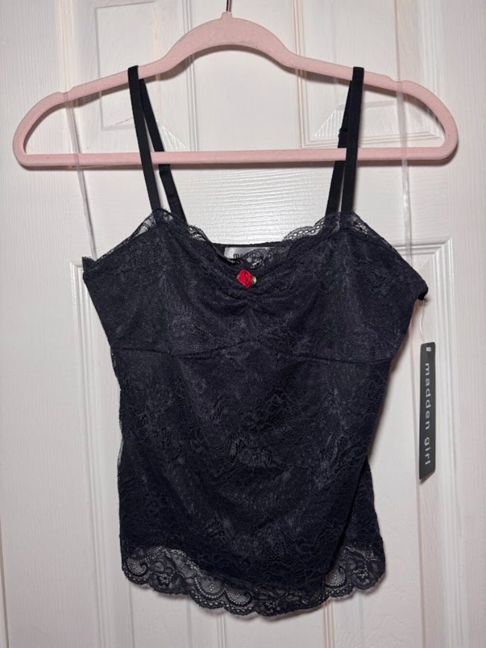 NWT Madden Girl Black Lace Cami Tank Top M Red Rose Sweetheart Coquette Fairy